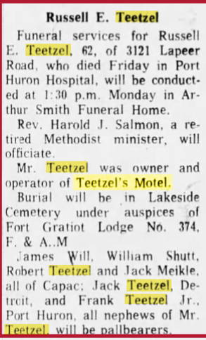 Teetzels Brick Motel (Penno Motel) - July 1967 Death Notice For Original Owner (newer photo)